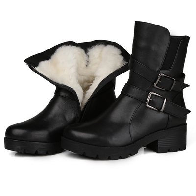 冬季新款女棉靴中年羊毛女中筒靴皮毛一体雪地靴牛皮厚底防滑冬靴