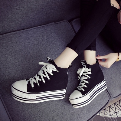 2015韩版学院鞋帆布高帮松糕女鞋内增高10cm黑白色厚底休闲鞋包邮