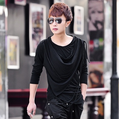 秋季新款韩版非主流青少年假两件潮男式衣服 男装长袖t恤个性小衫