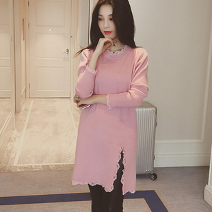 2015秋冬装韩版蕾丝拼接粉色长袖中长裙打底针织连衣裙