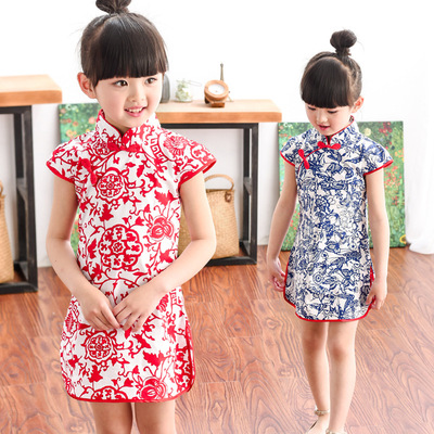 2016年新款复古民族风童裙女童夏装裙子中大童儿童中国风剪纸旗袍