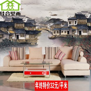 中式水墨画江南水乡小镇风景大型壁画客厅沙发餐厅定做电视背景墙