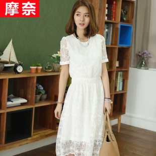 2015春夏新款女装 韩版镂空蕾丝刺绣显瘦短袖大码中长款连衣裙