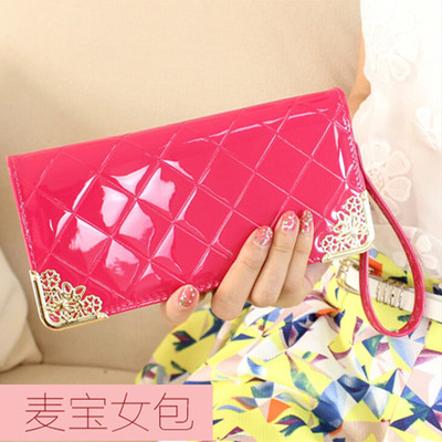 韩国新款漆皮亮面单拉链长款菱格女士钱包大容量 女式手机包包邮