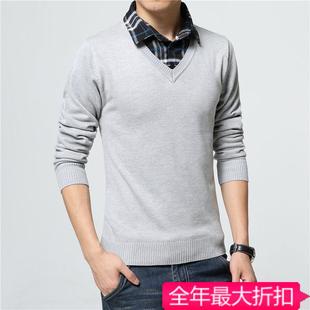 秋季男士长袖T恤休闲加大码针织上衣青年男装V领韩版假两件衬衫领