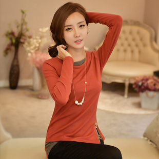 冬装新款韩版修身版假两件长袖T恤女圆领针织打底衫加厚潮