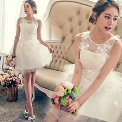 白色花朵一字肩公主新娘婚纱小礼服短款绑带伴娘服装演出服