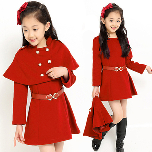 童装韩版女童春秋款儿童长袖风衣宝宝公主裙女童红色连衣裙时装款