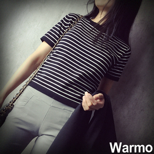 warmo2015春夏新韩国代购韩版修身短款短袖条纹黑白纯棉针织T恤女