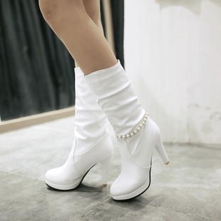 2015甜美时尚秋冬新款韩版女靴链子圆头高跟靴子细跟中筒靴骑士靴