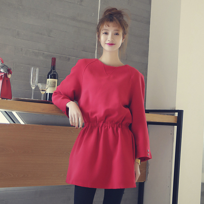 2015春季新款韩国代购红色灯笼袖韩版时尚收腰显瘦连衣裙打底裙