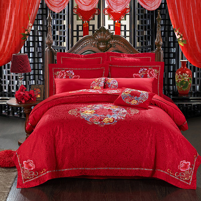 梦之逸佳品  醉美良缘 全棉大红中式精致喜庆婚庆绣花床盖十件套
