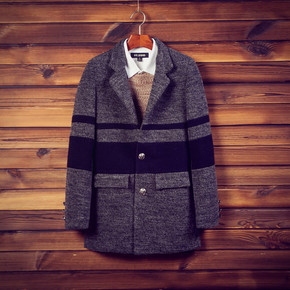2015秋冬男装毛呢大衣韩版男士中长款立领修身羊毛呢子风衣外套潮