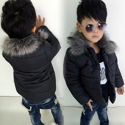 2015冬季男童外套时尚毛领棉衣中大童加厚棉服纯色韩版儿童外套潮