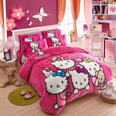 韩版珊瑚绒加厚法兰绒四件套凯蒂猫床上用品卡通KT猫保暖床单被套