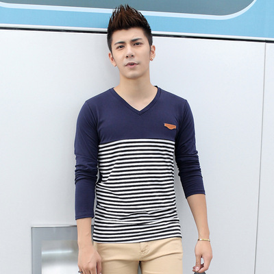 2015秋潮流韩版男式印花t恤衫 修身条纹长袖T恤男士T恤长袖