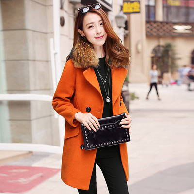 2015冬季新款韩版修身长袖毛呢外套毛领女装潮