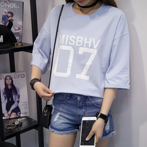 夏季新款韩版时尚印花七分袖女上衣圆领宽松大码显瘦短袖女t恤衫