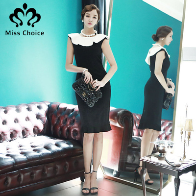 MissChoice2015夏新款修身简约圆领气质连衣裙优雅拼接淑女百褶裙