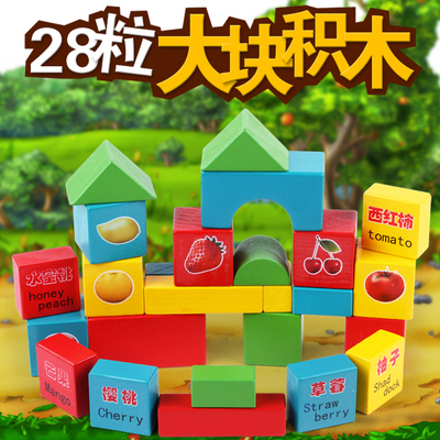 水果图案儿童玩具木质桶装28大颗粒积木儿童早教益智玩具1-3-6岁