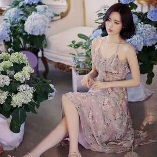 韩国正品代购2015夏季新款印花韩版连衣裙吊带碎花度假雪纺长裙