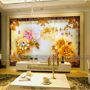 欧式艺术玻璃电视背景墙客厅背景雕刻金箔工艺沙发背景墙满堂富贵