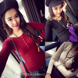 韩版新款秋季女装百搭上衣双排扣打底针织衫修身显瘦长袖t恤女款