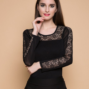 2016春季新款黑色女装上衣韩版长袖修身低领打底衫蕾丝雪纺衫