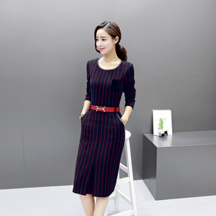 2016韩版秋季新款女装长袖圆领条纹修身显瘦大码连衣裙 配腰带