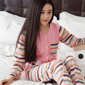 秋冬季新款韩版双面针织棉质女士睡衣开衫条纹长袖长裤家居服套装