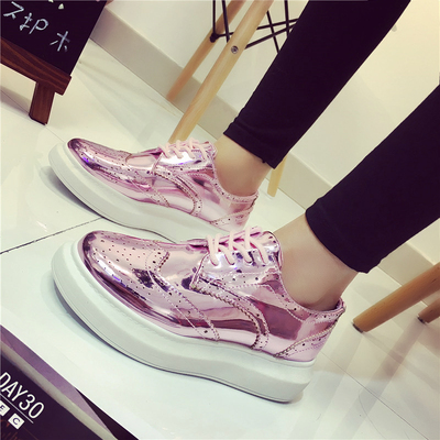 2015韩版圆头漆皮鞋学院风系带厚底英伦复古雕花女鞋布洛克单鞋潮