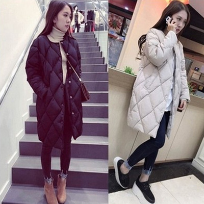 2016冬装新款女装韩版中长款菱形格加厚保暖羽绒面包棉服外套棉袄
