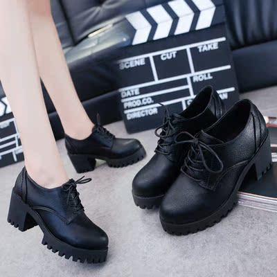 小皮鞋女英伦学院风黑色工作鞋中跟粗跟圆头系带单鞋学生职业女鞋