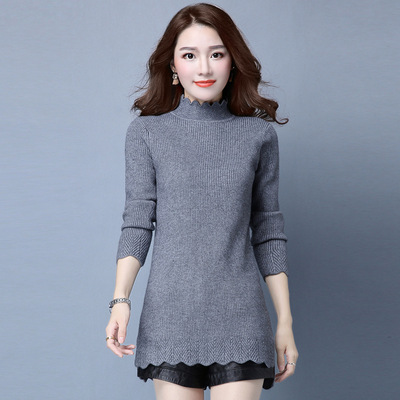 2016秋冬女装 女式韩版修身半高领毛衣 中长款纯色套头针织打底衫