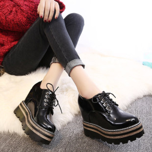 韩版冬季新款高跟坡跟单鞋松糕鞋厚底深口女鞋真皮加绒系带休闲鞋