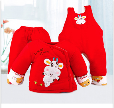 婴儿棉衣套装三件套加厚男女宝宝棉袄秋冬季新生儿背带裤幼儿棉服