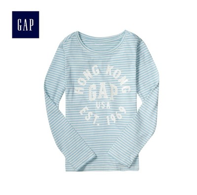 gap正品 Gap徽标简约印花长袖T恤女孩子条纹印花圆领套头上衣