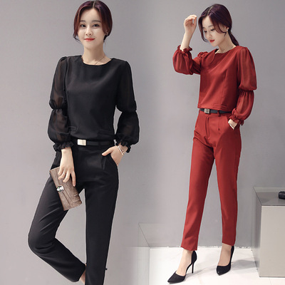 2016秋季韩版新款时尚两件套套装女包邮套头长袖上衣+铅笔裤