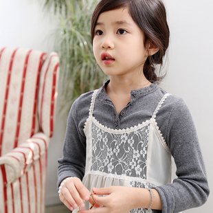 2014秋装新款韩国童装 森女系文艺范百搭螺纹蕾丝领儿童T恤打底衫