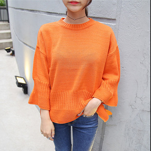 针织衫2016春季装新款韩版喇叭袖橘色裙摆毛衣套衫修身女