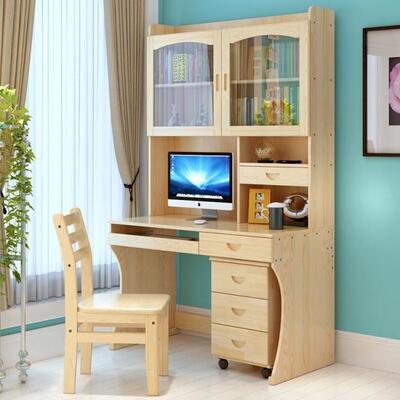 实木电脑桌带门书柜简约台式家用学习桌写字台书桌书架组合儿童桌