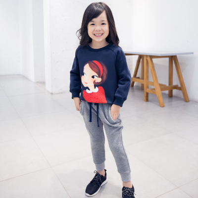 童装2015秋冬装韩版女童套头卫衣运动套装儿童娃娃印花休闲两件套