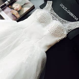 2016婚纱礼服春季最新款韩版蕾丝珍珠新娘伴娘团结婚短款礼服白色