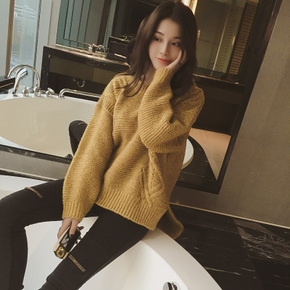 2015冬装新款韩版女式毛衣宽松圆领时尚纯色提花套头毛线针织上衣