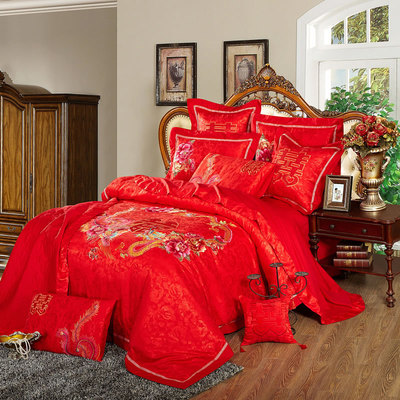 床罩中式全棉刺绣花龙凤大红新婚庆四六八九多件套结婚礼品床盖