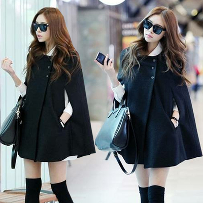 2015冬季新款韩版女装中长款斗篷毛呢子外套 披风披肩呢子大衣潮