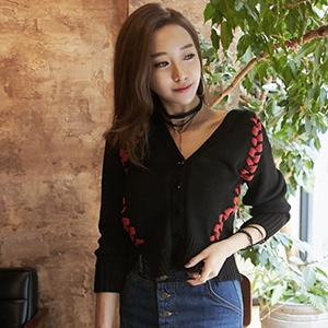 韩国代购16秋冬新款韩版时尚修身个性系带单排扣外套针织开衫