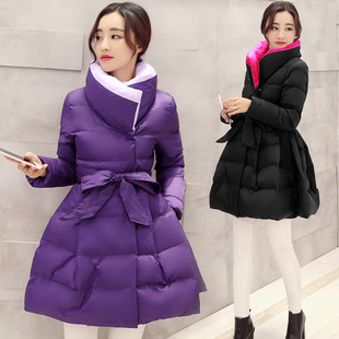 2015年冬季新品韩版气质修身系带斗篷型中长款加厚女保暖棉衣包邮
