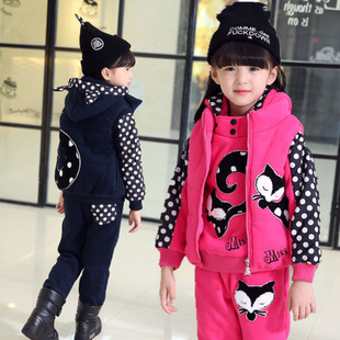 童装女童加厚加绒冬装棉衣套装韩版2015新款儿童卫衣三件套大童装