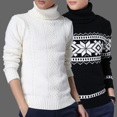 韩版冬季加厚保暖高领毛衣男士针织衫翻领套头修身羊毛衣白青年潮